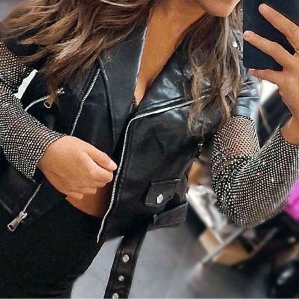 Bling cropped faux leather jacket